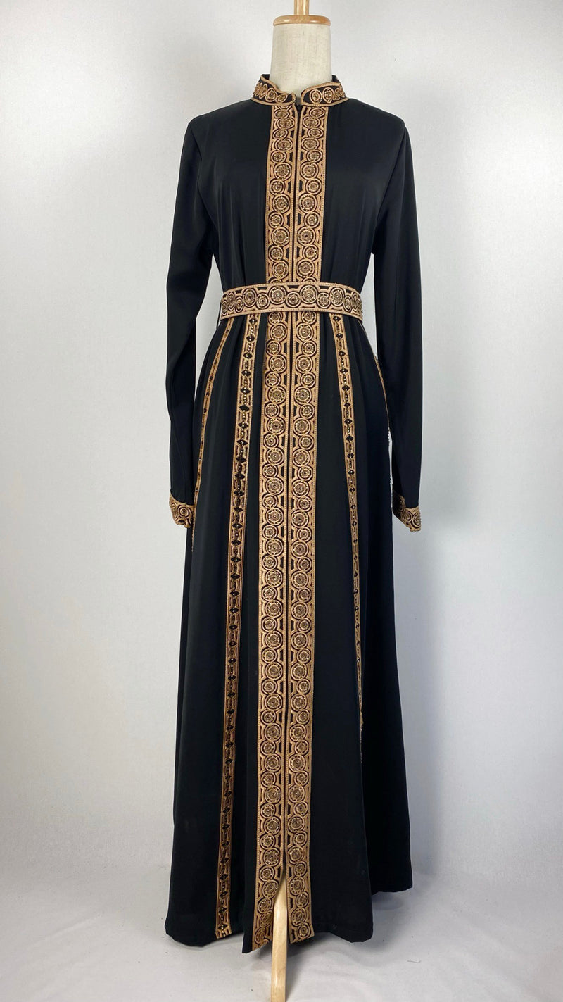 Long Sleeve Zip Up Abaya with Gold Detail, Black